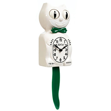 White Kit Cat Clock with Green Tail/Bowtie