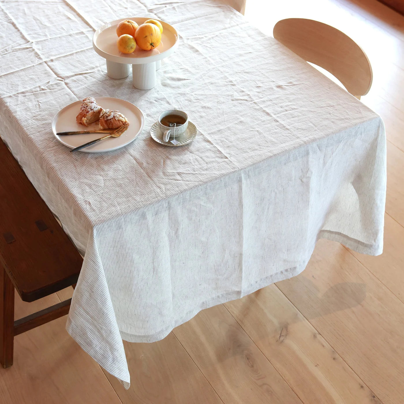 100% FRENCH FLAX LINEN TABLECLOTH- CHARCOAL PINSTRIPE