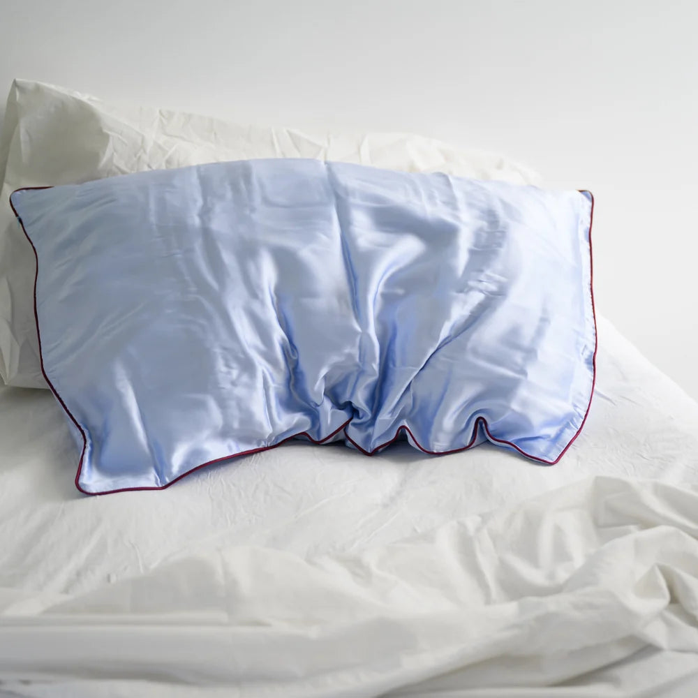 Silk Pillowcase Sky Blue w Cocoa Piping