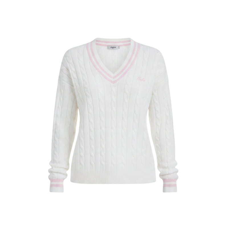 V-Neck Cable Knit Sweater - White