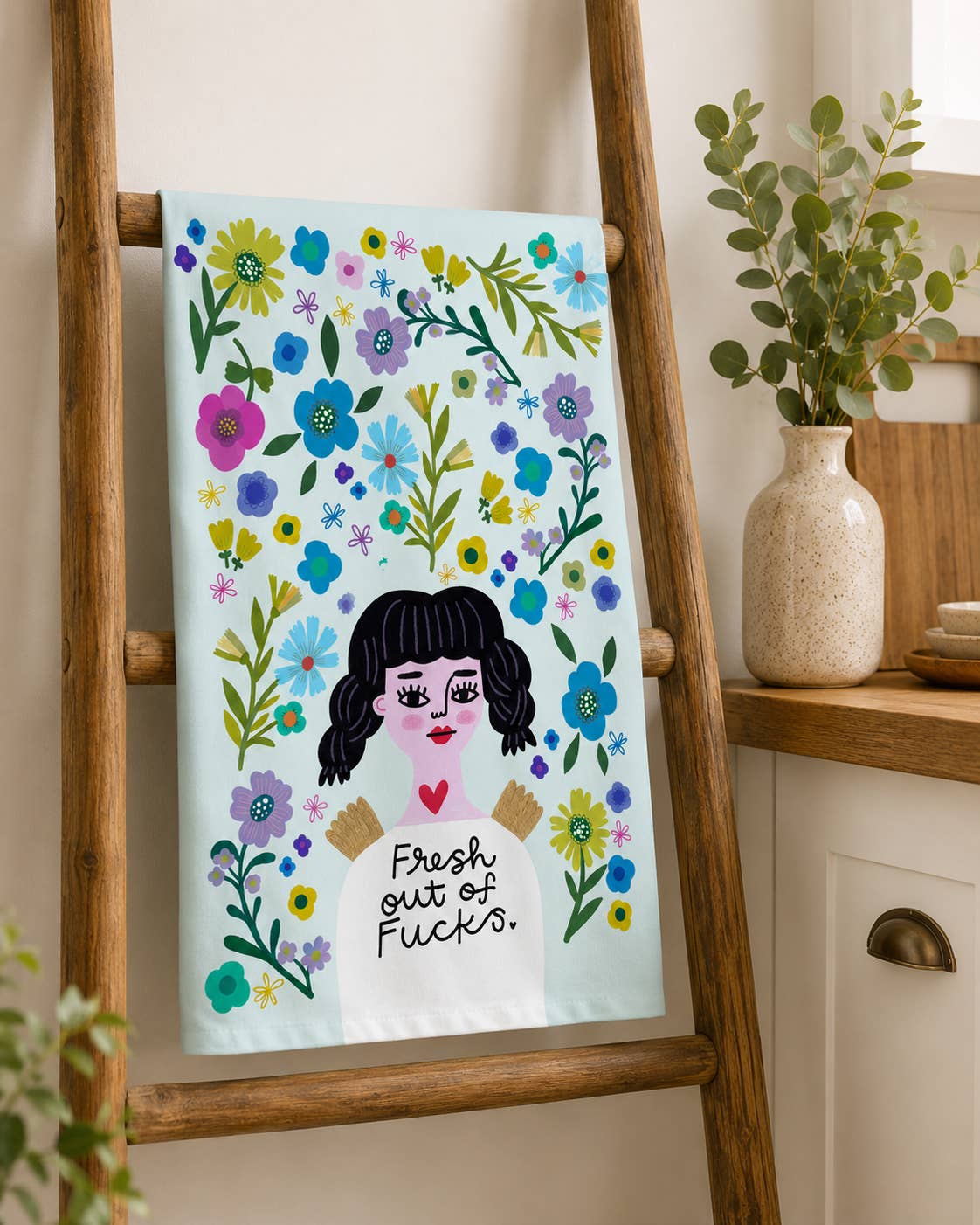 Fresh Out of Fucks Grumpy Angel Dish Towel