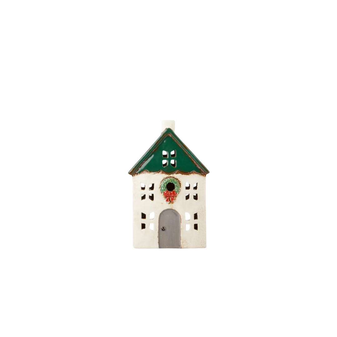 Christmas Tea Light House Green with Wreath Small