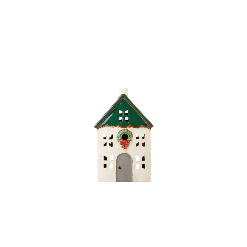 Christmas Tea Light House Green with Wreath Small
