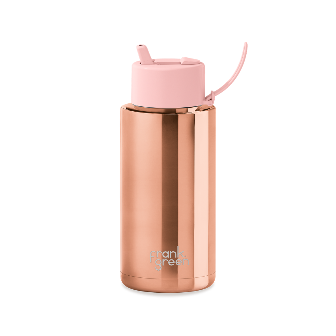 Rose Gold Chrome 34oz Ceramic Reusable Bottle with Flip Straw Lid