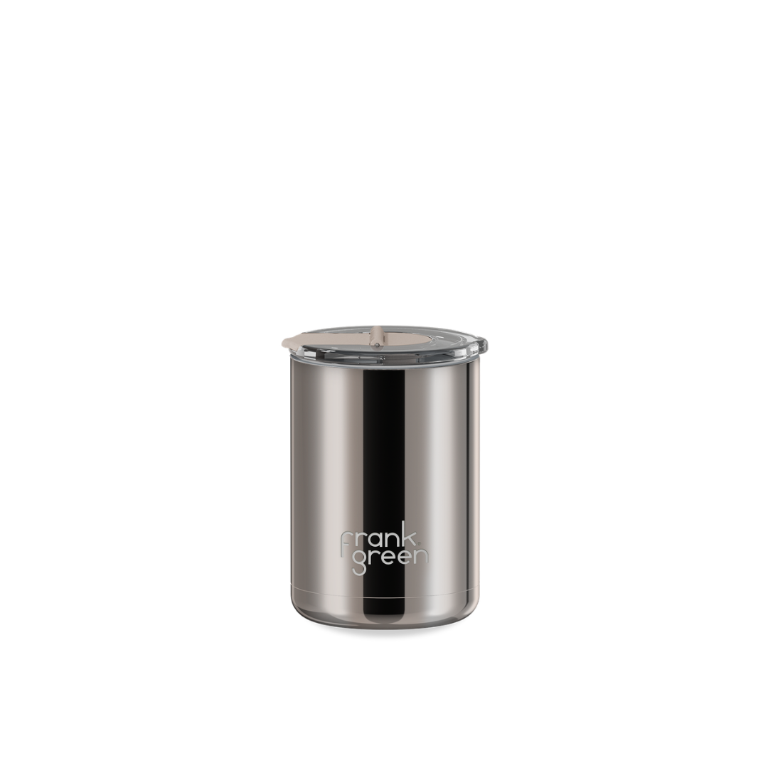 Frank Green Chrome Ceramic Coffee Cup with Hinged Screw Lid - 12oz