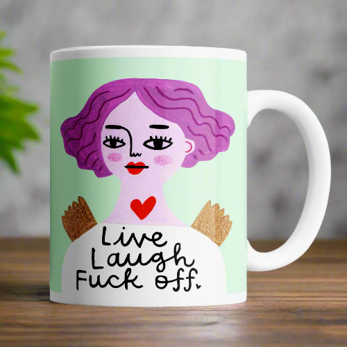 Live, Laugh, Fuck Off Grumpy Angel Mug