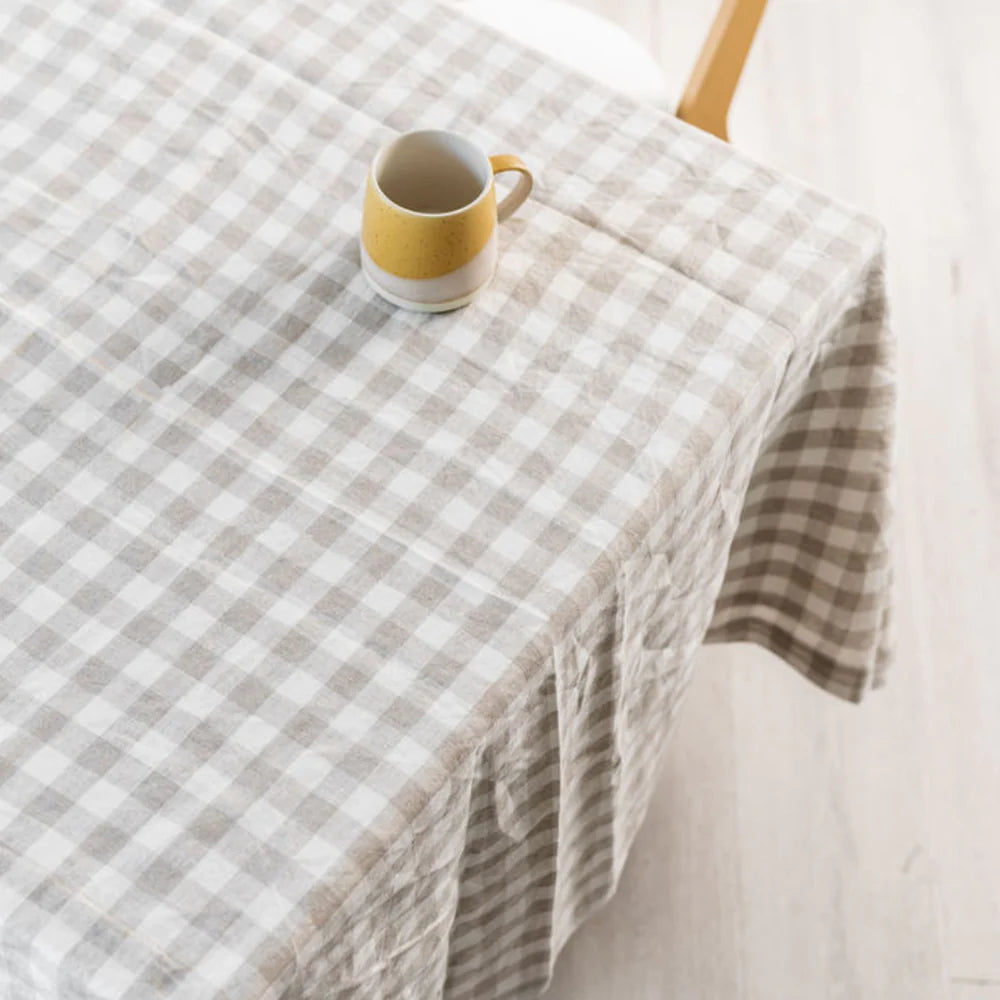 100% FRENCH FLAX LINEN TABLECLOTH- NATURAL GINGHAM