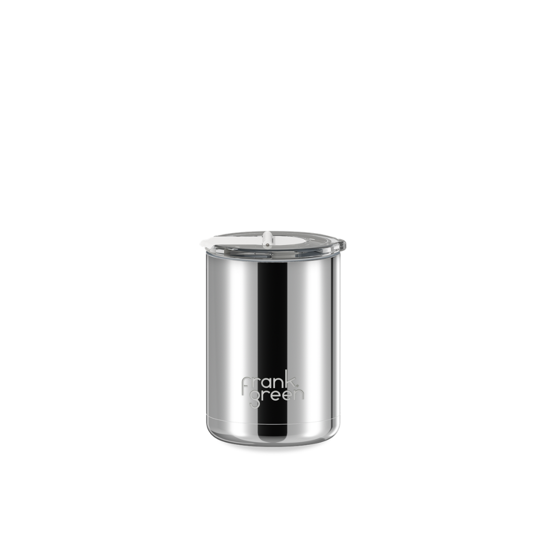 Frank Green Chrome Ceramic Coffee Cup with Hinged Screw Lid - 12oz