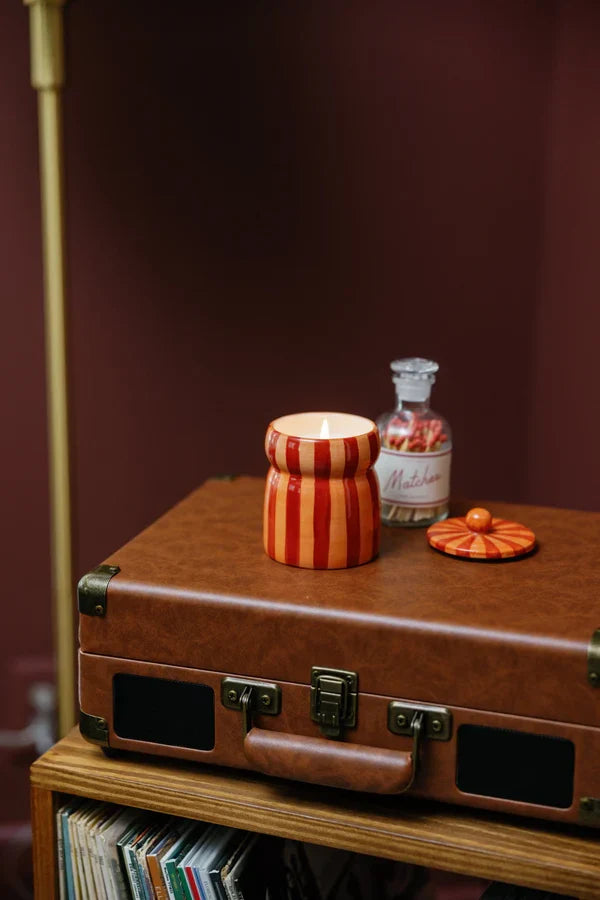 Festive Cabana Red/Coral Striped Ceramic Candle - Spiced Apple 184g