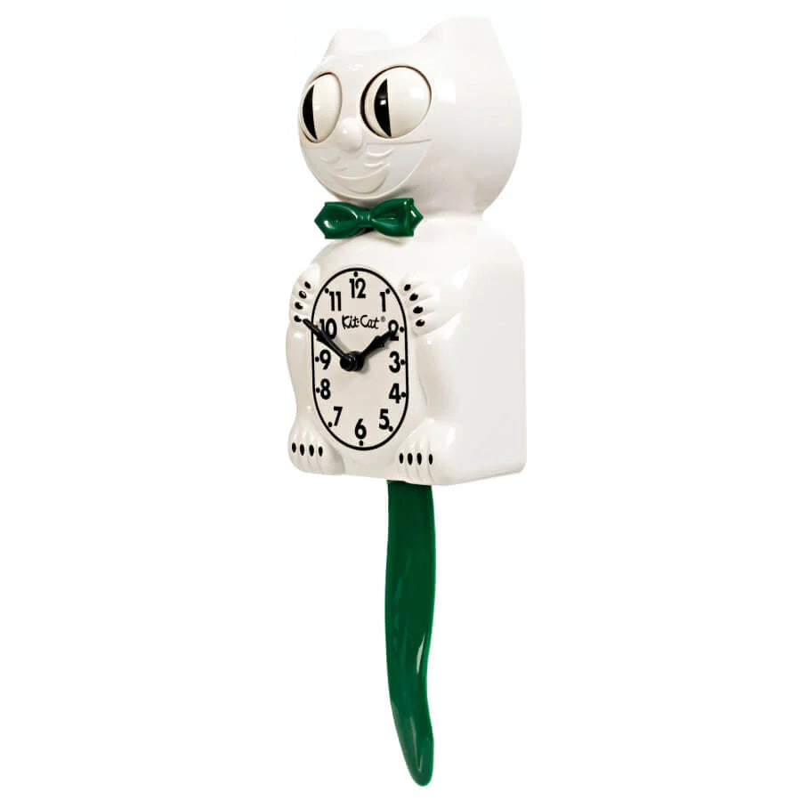 White Kit Cat Clock with Green Tail/Bowtie