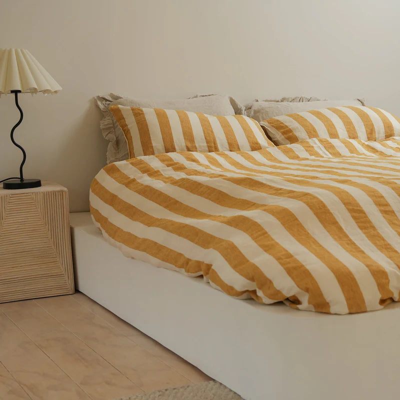 100% French Flax Linen Duvet Cover Set – Sunflower Stripe