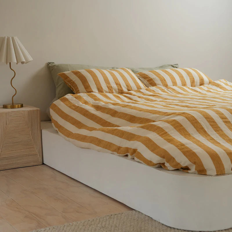 100% French Flax Linen Duvet Cover Set – Sunflower Stripe
