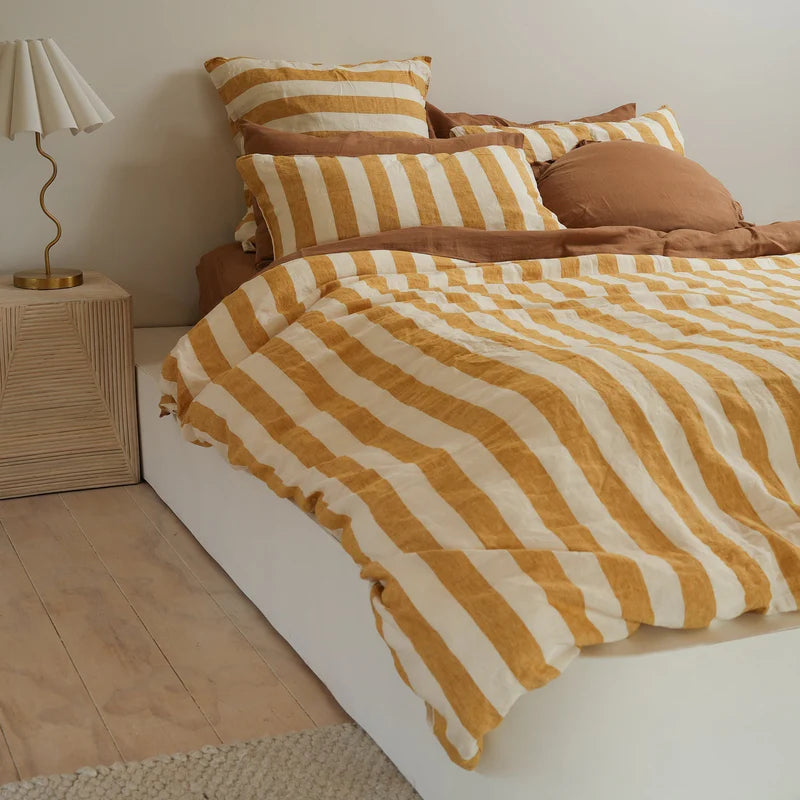 100% French Flax Linen Duvet Cover Set – Sunflower Stripe