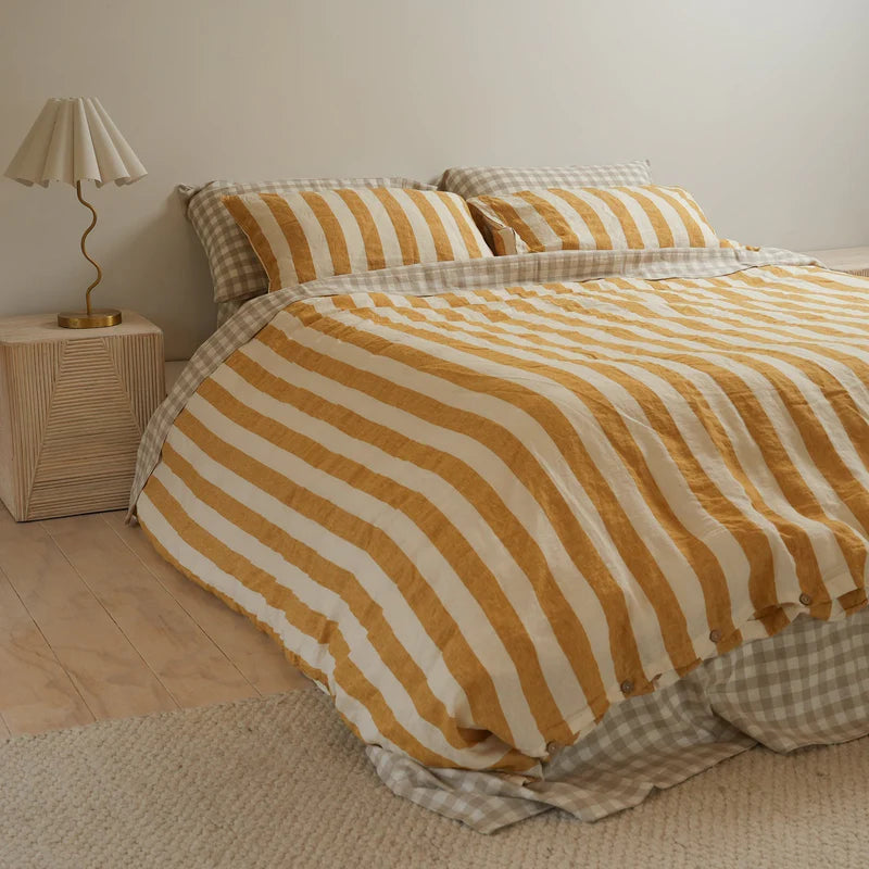 100% French Flax Linen Duvet Cover Set – Sunflower Stripe