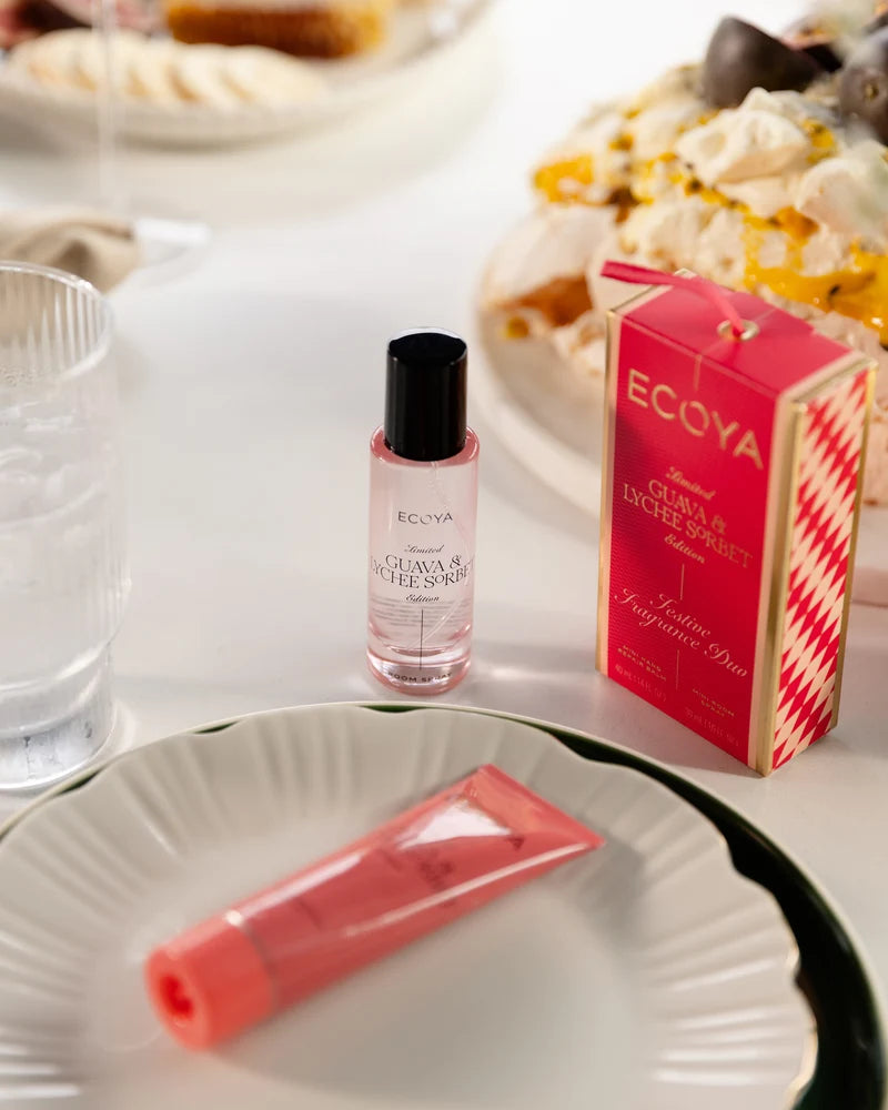 Festive Fragrance Duo - Mini Hand Repair Balm 40ml and Mini Room Spray 30ml - Guava & Lychee Sorbet