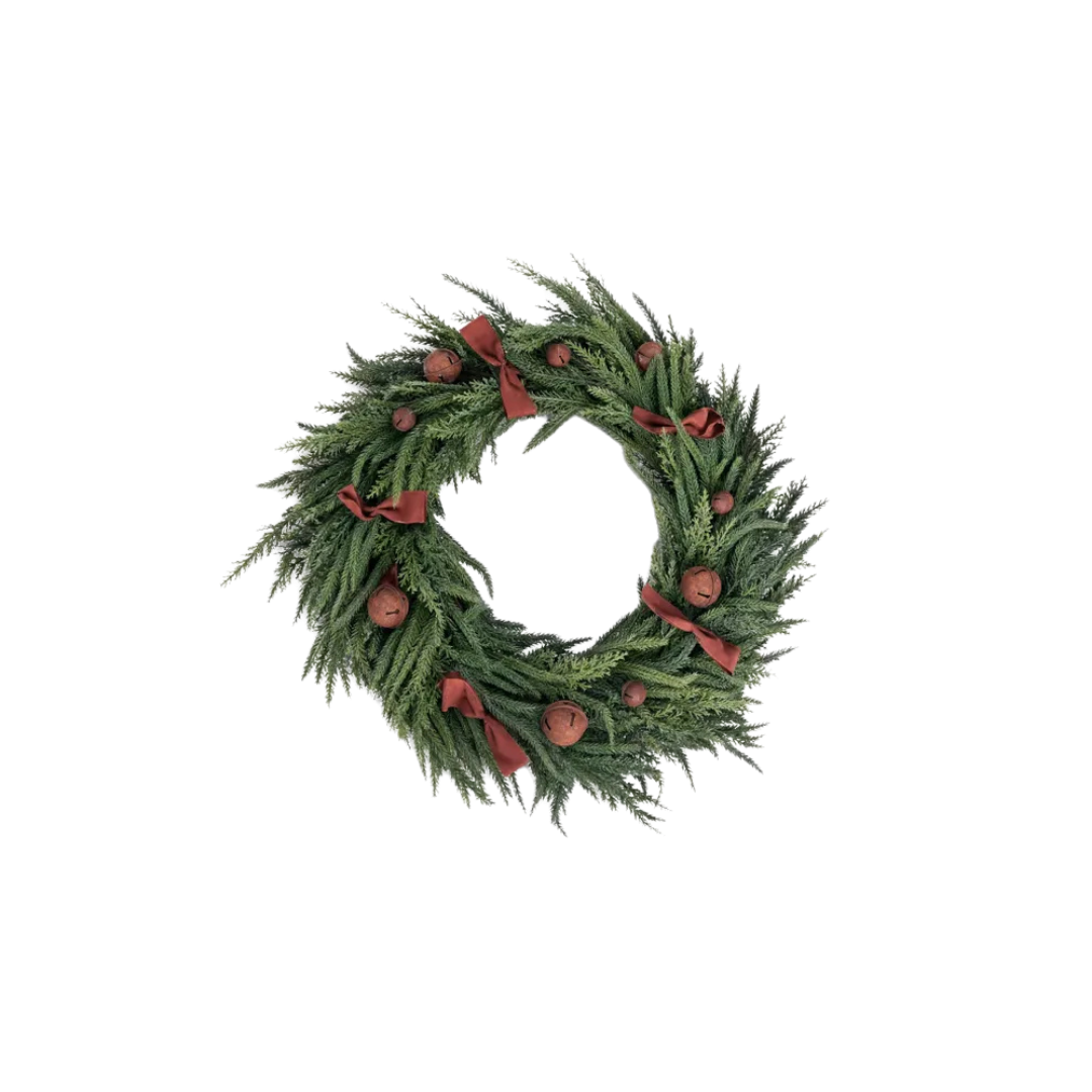 Mixed Pine Wreath Brown Velvet Bows and Bells