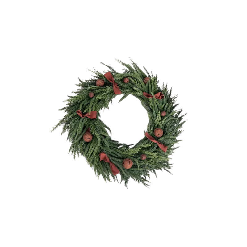 Mixed Pine Wreath Brown Velvet Bows and Bells