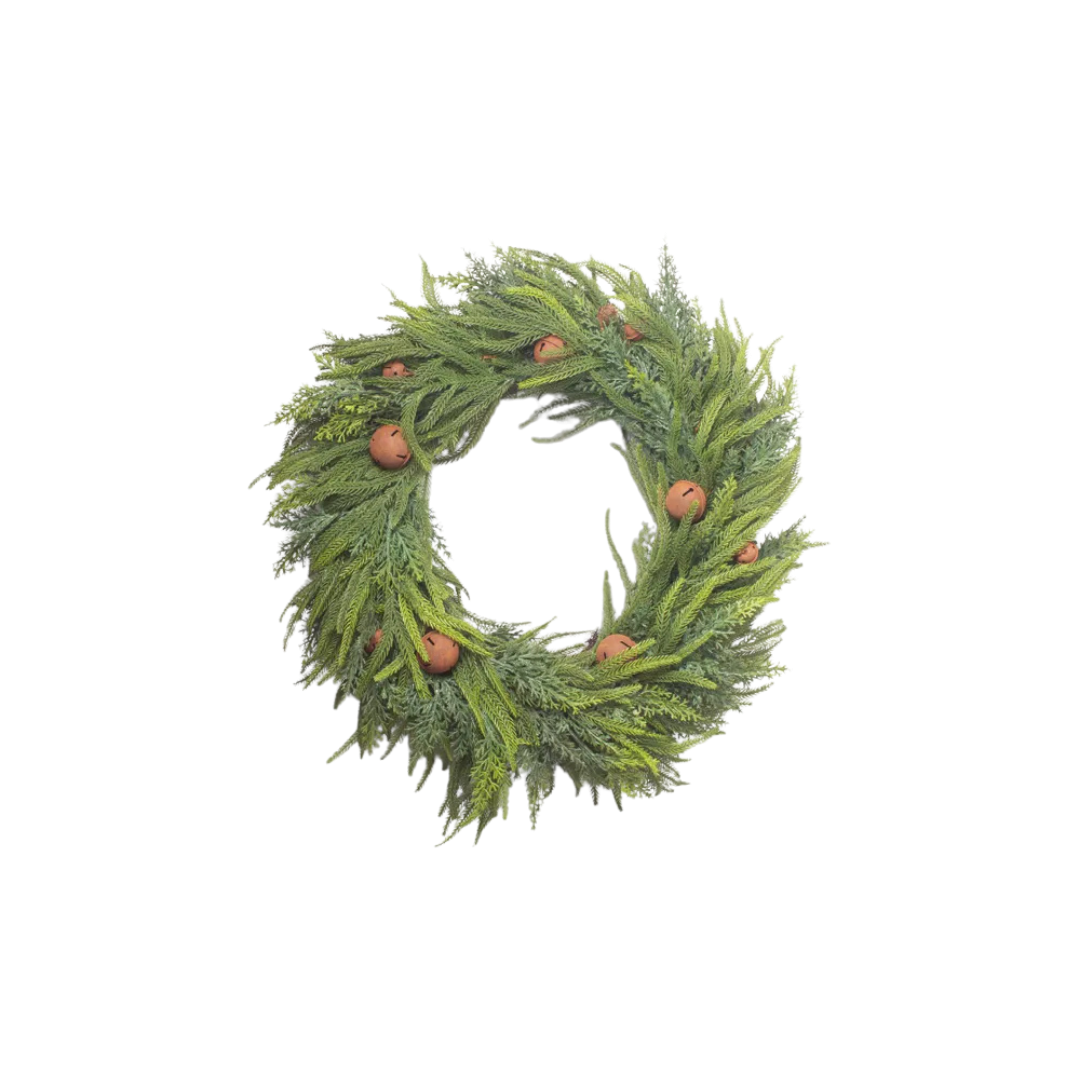 Mixed Pine Wreath Brown Velvet Bows and Bells
