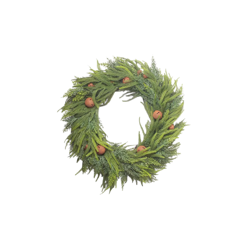 Mixed Pine Wreath Brown Velvet Bows and Bells
