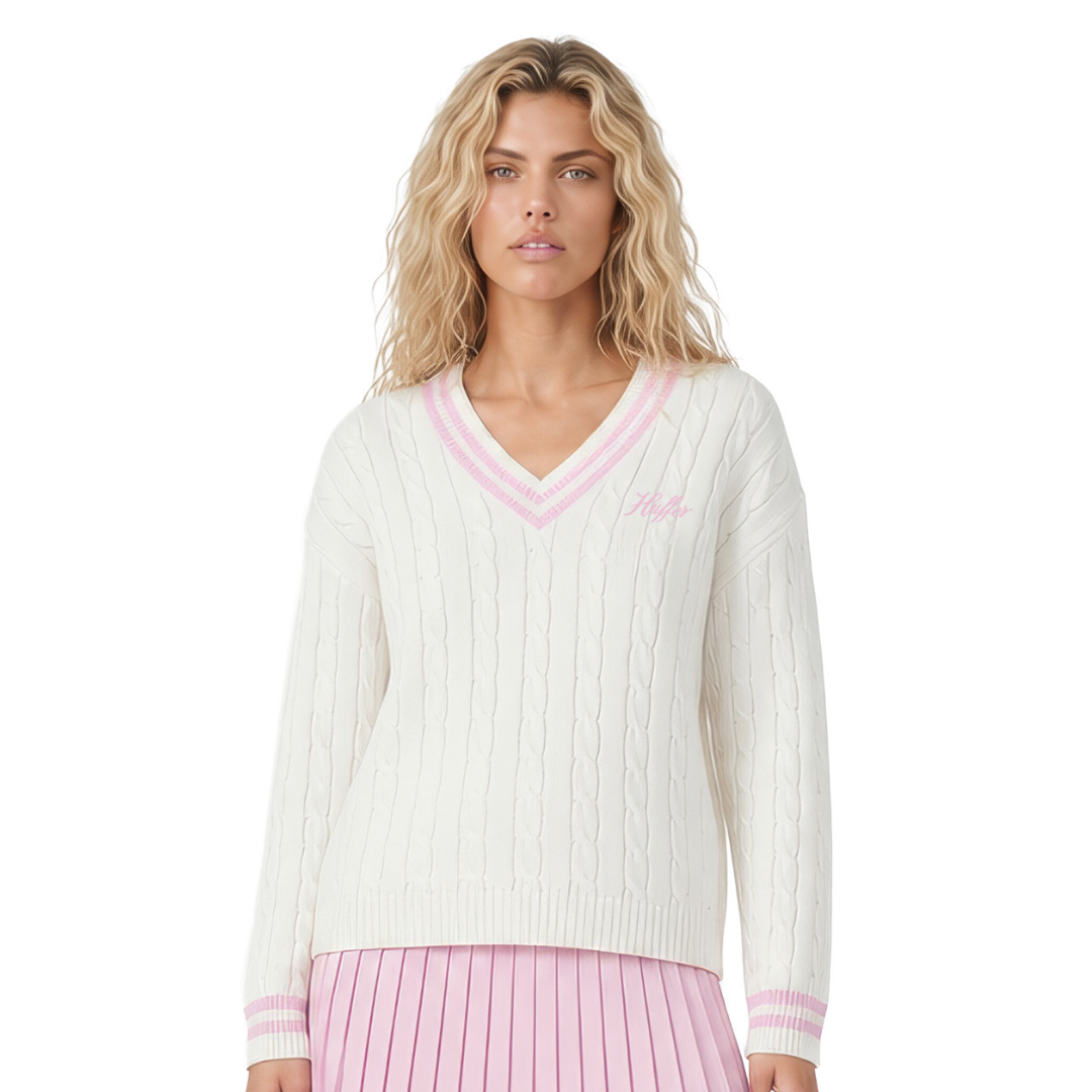 V-Neck Cable Knit Sweater - White