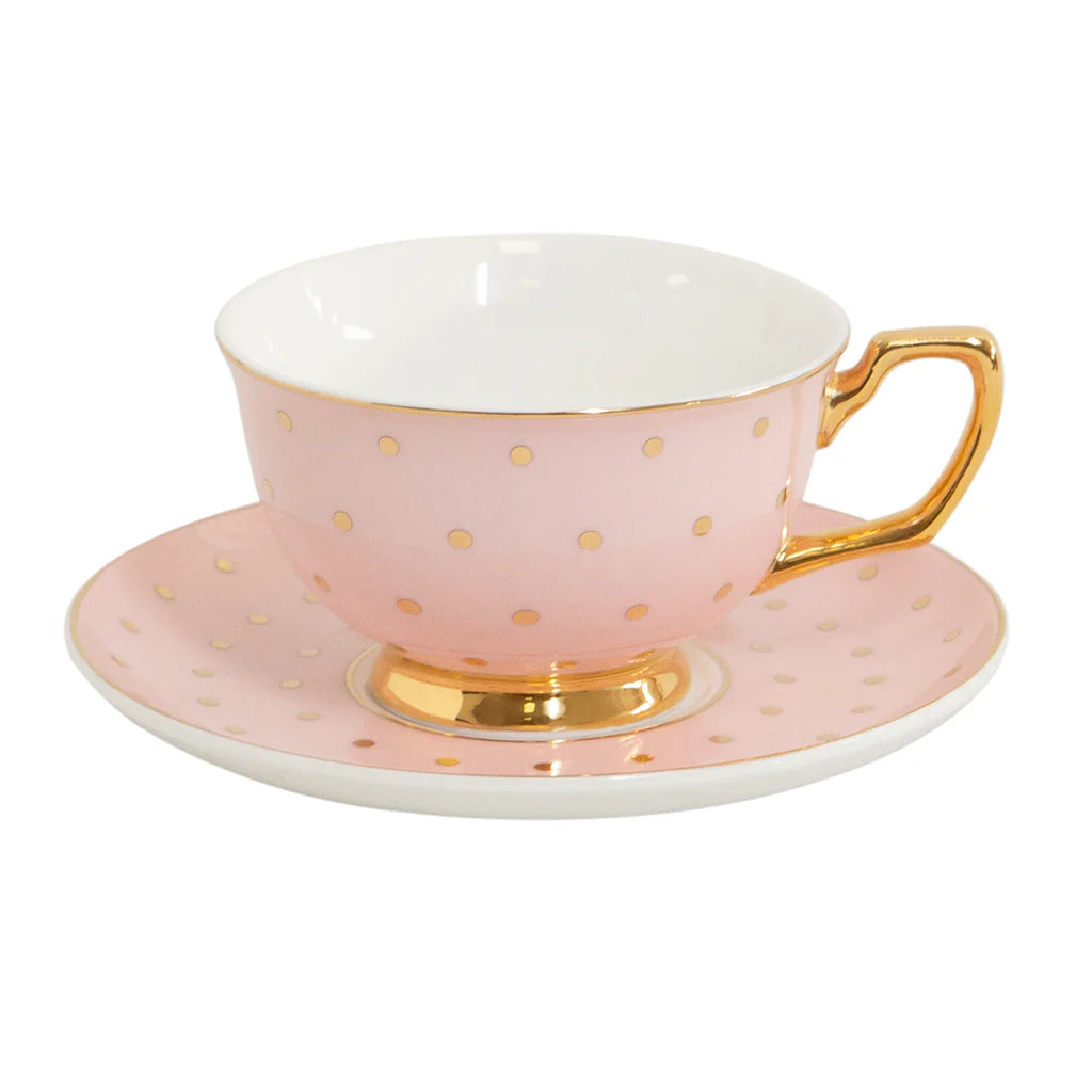 Tea Cup &amp; Saucer , Polka Dot Gold Blush