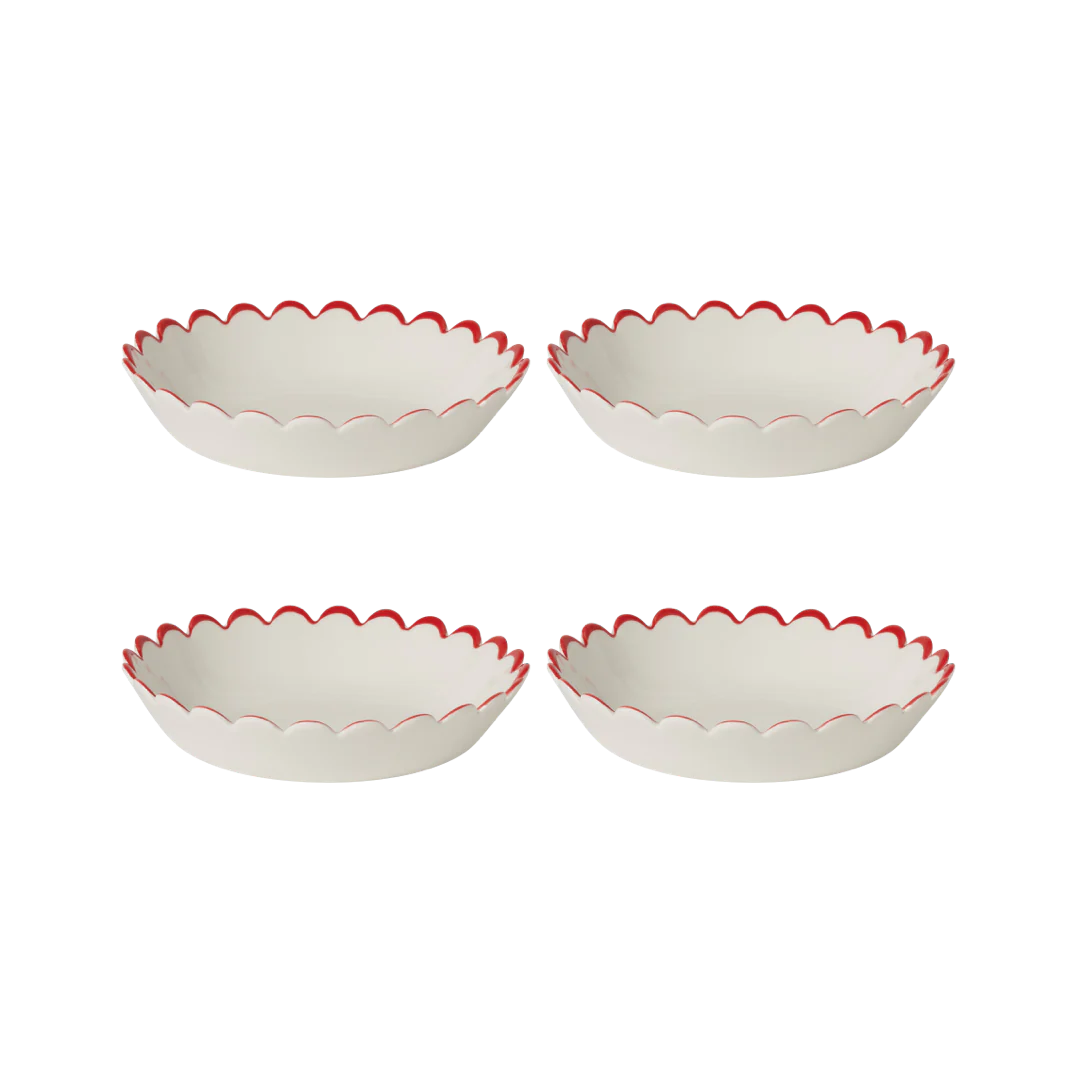 Red Edge White Scalloped Bowls - Set of 4