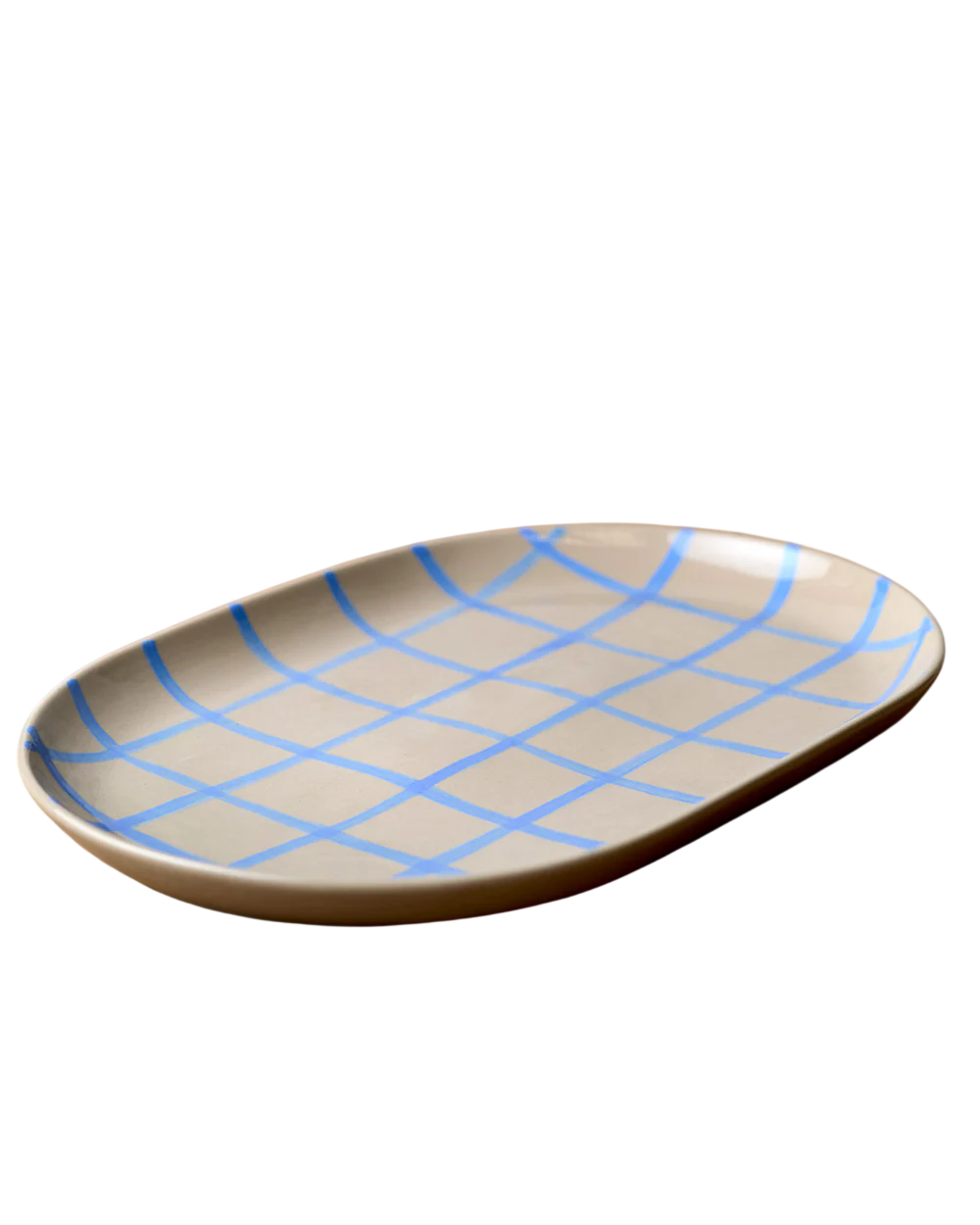 38cm Oval Tray in Stone With Blue Handbrush / Coastal Junction