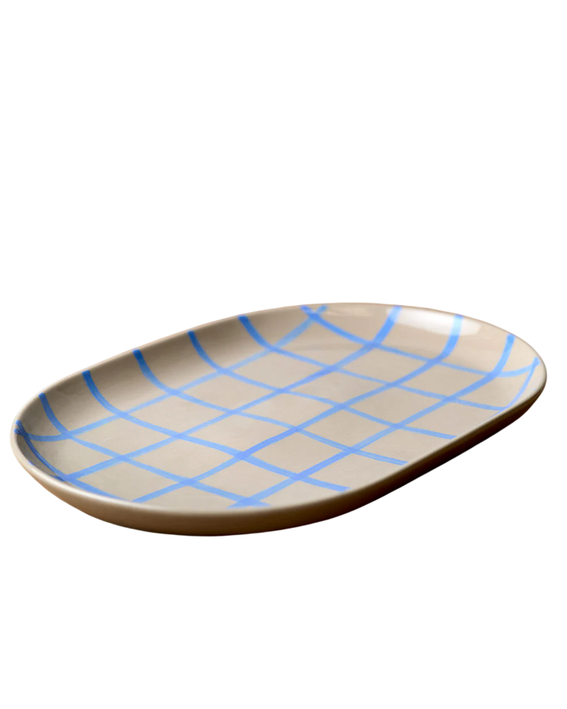 38cm Oval Tray in Stone With Blue Handbrush / Coastal Junction