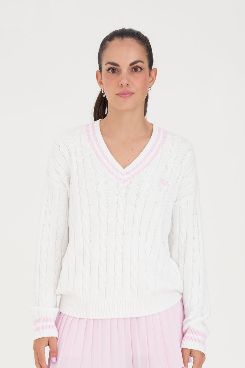 V-Neck Cable Knit Sweater - White