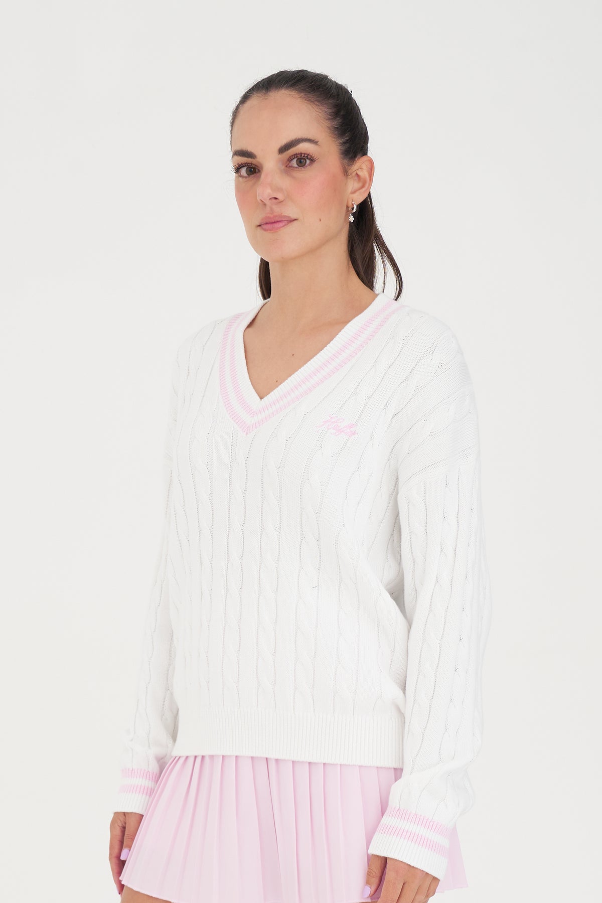 V-Neck Cable Knit Sweater - White