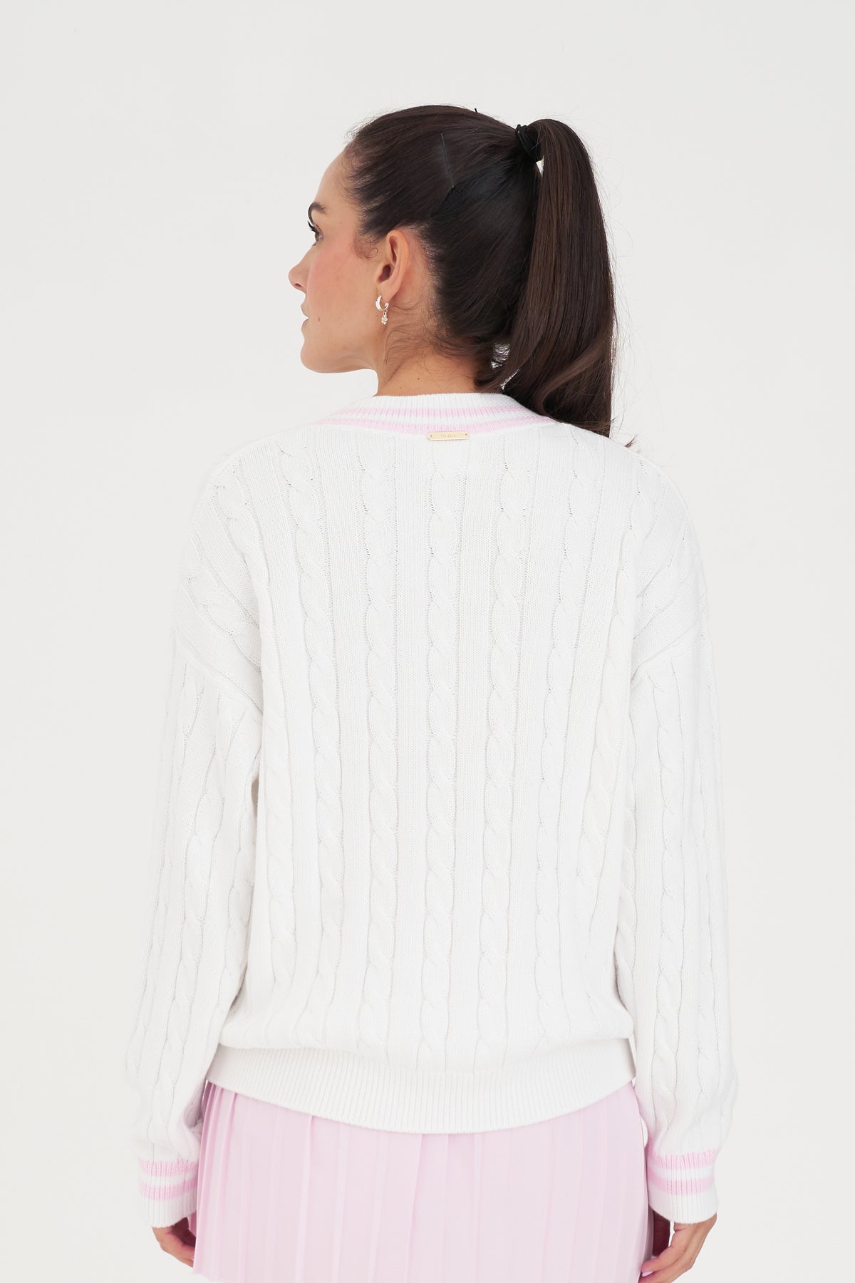 V-Neck Cable Knit Sweater - White