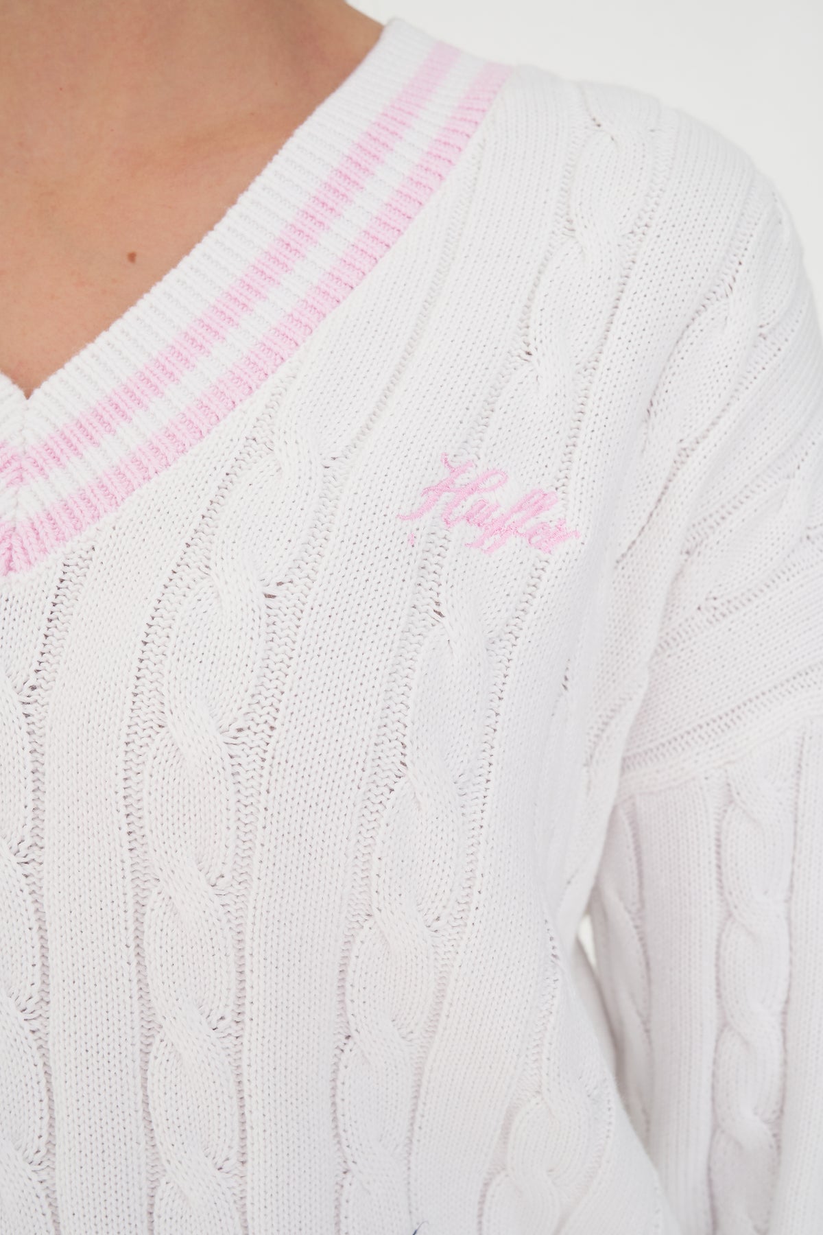 V-Neck Cable Knit Sweater - White