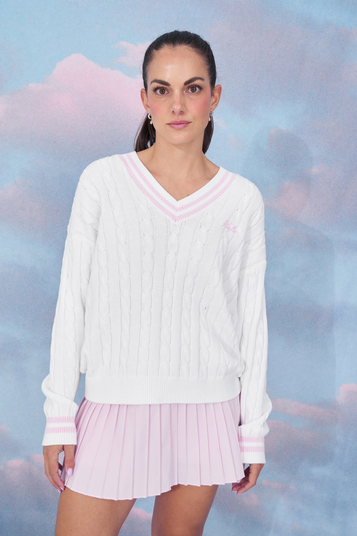 V-Neck Cable Knit Sweater - White