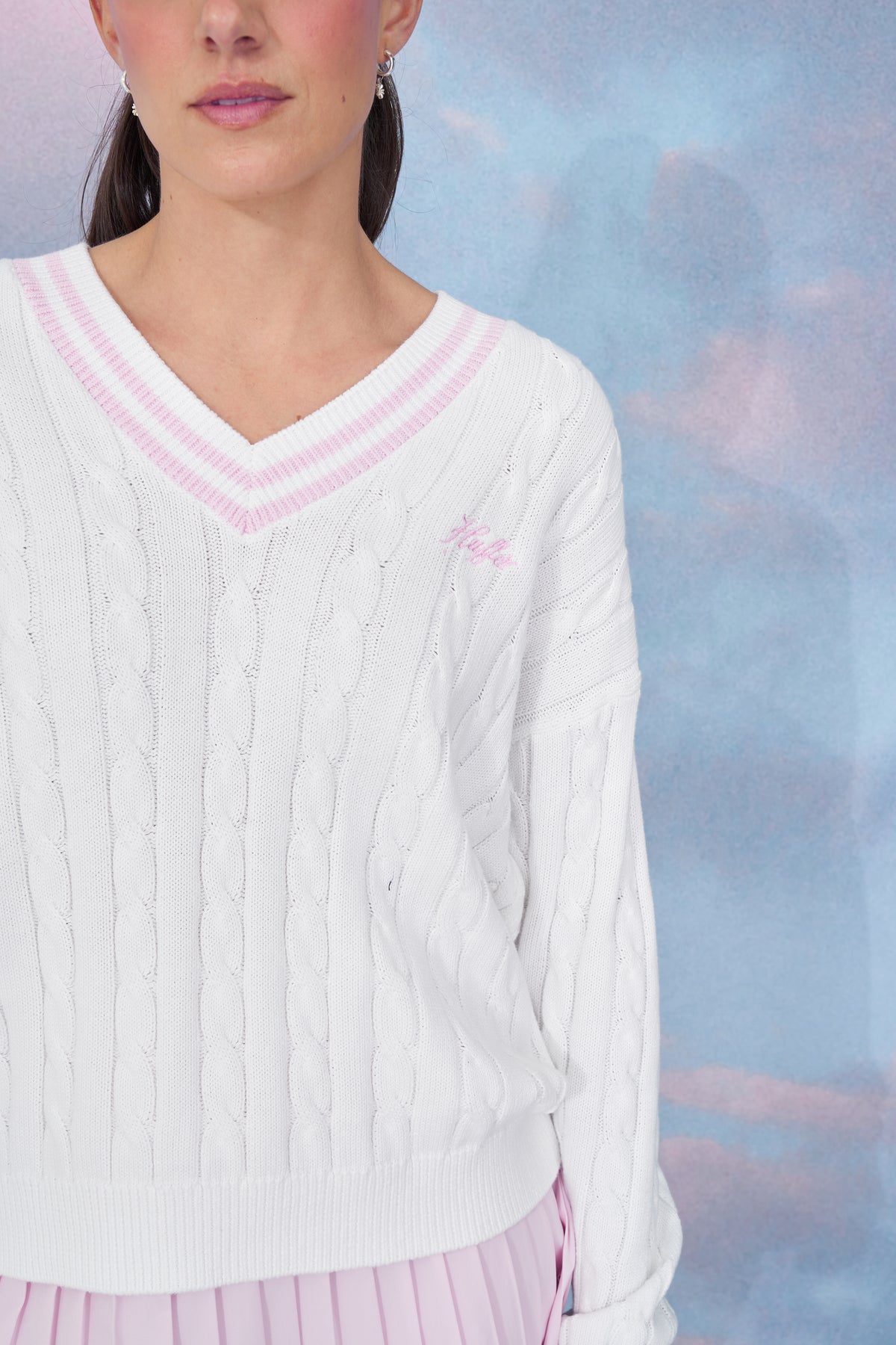 V-Neck Cable Knit Sweater - White
