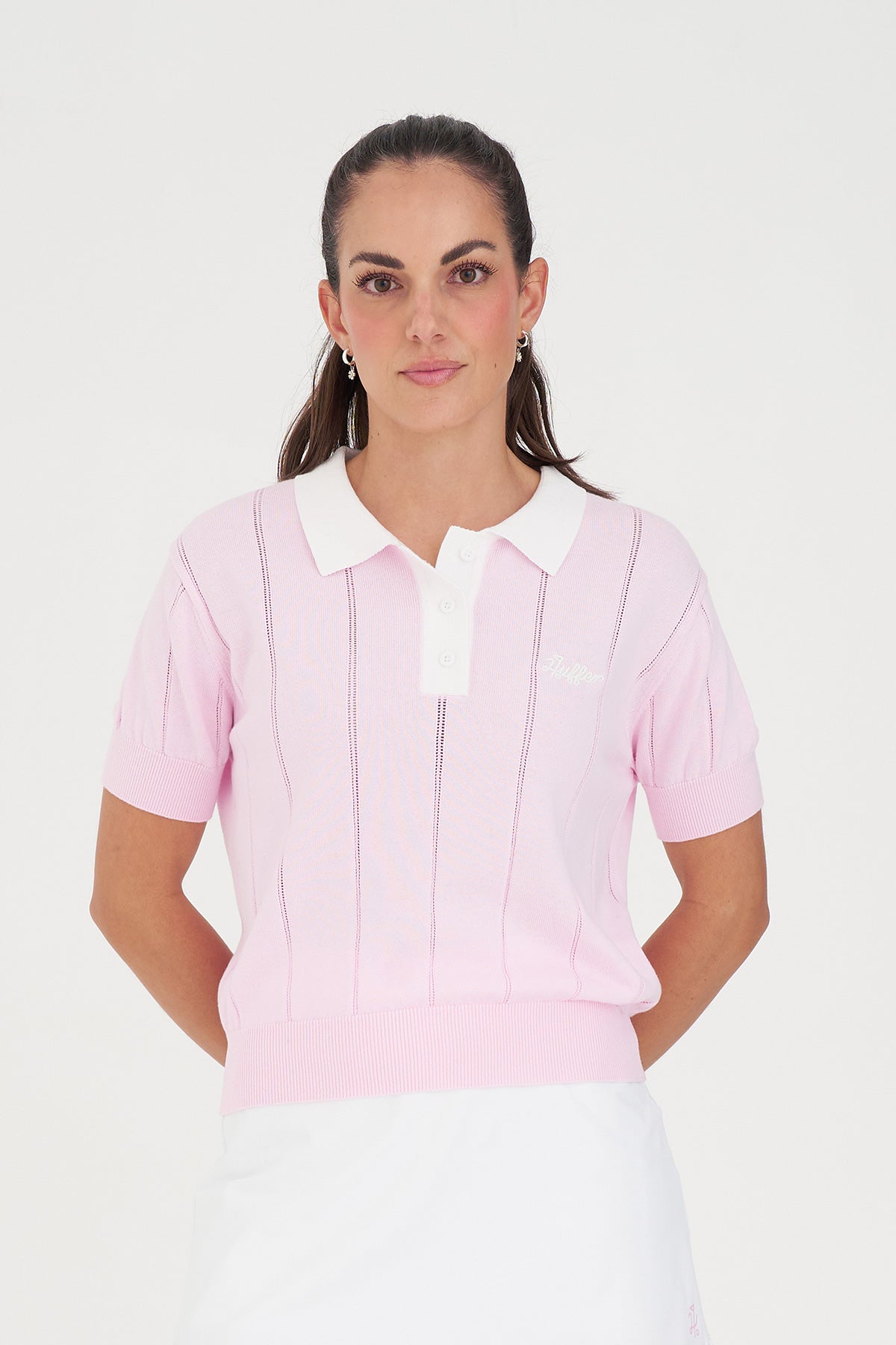 Wmns Line Knit Polo - Camellia/White