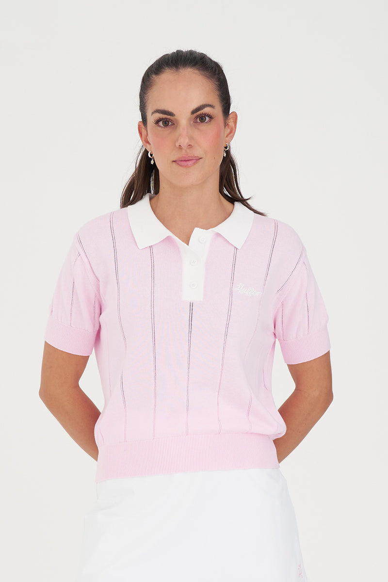Wmns Line Knit Polo - Camellia/White