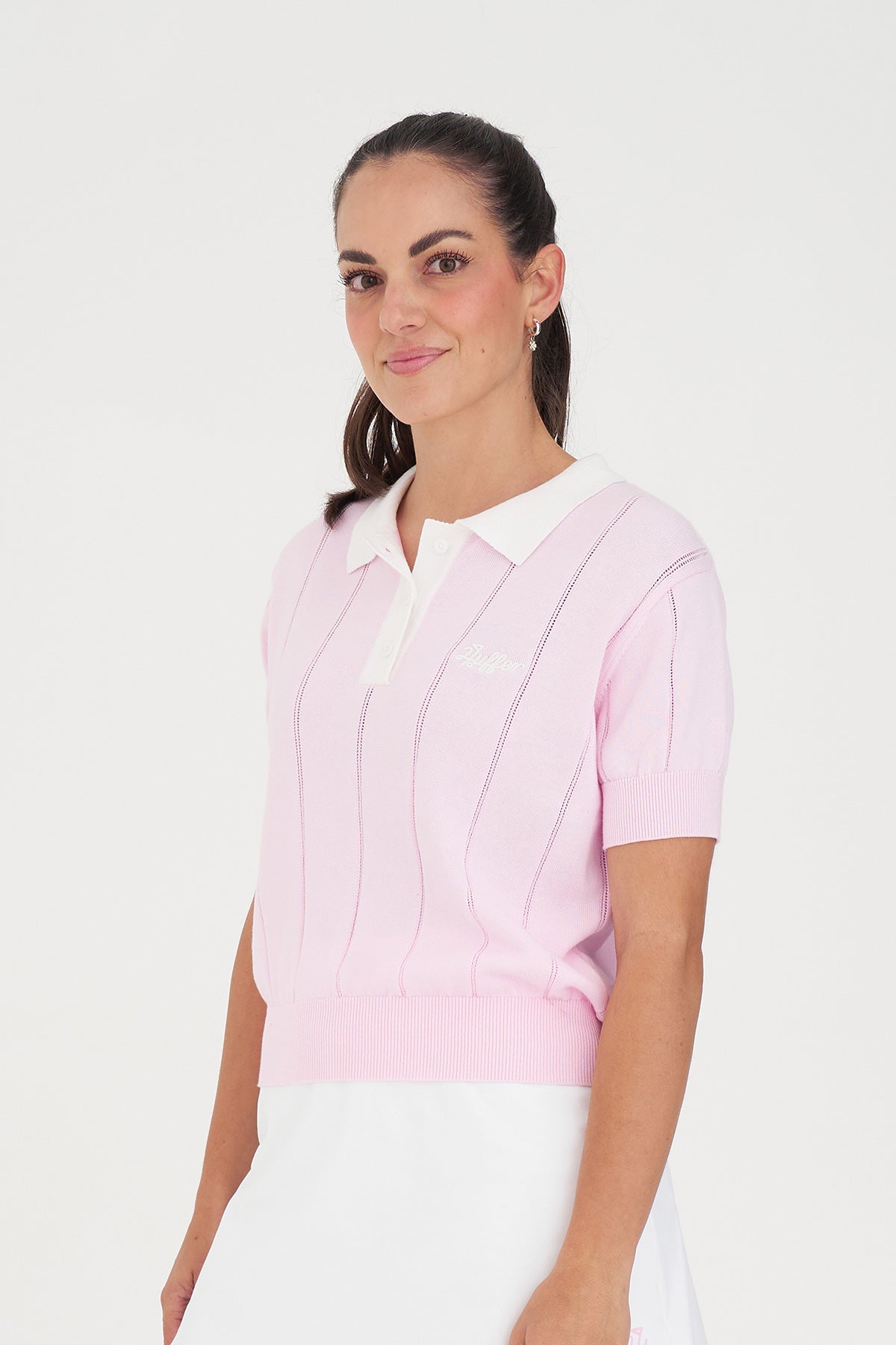 Wmns Line Knit Polo - Camellia/White
