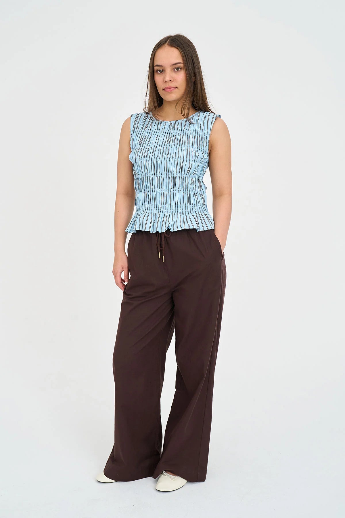 Stripe Bridget Shirred Top - Bay Blue
