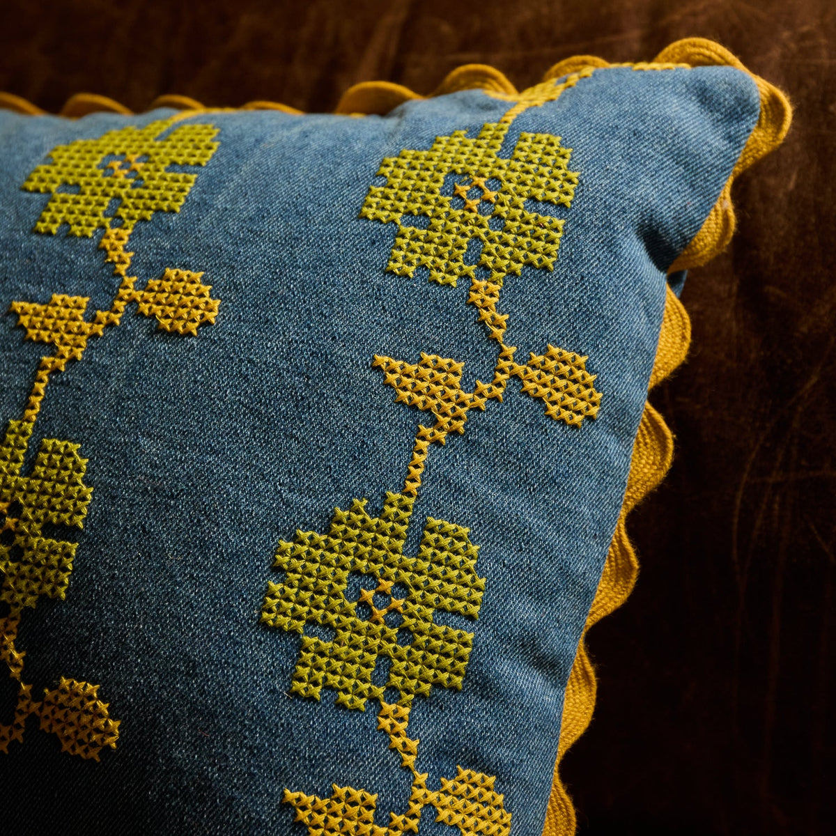 Anneliese Reversible Denim Cushion - Peridot Feather Insert