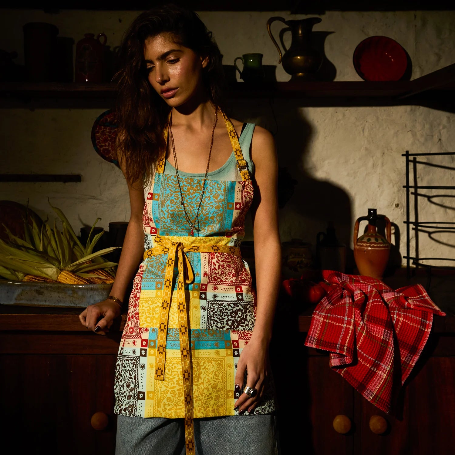 Frances Waffle Tea Towel - Poppy