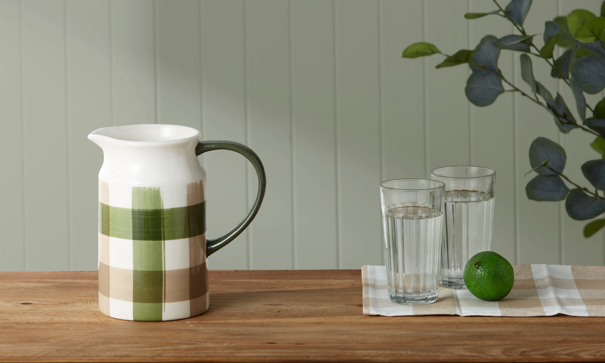 Davis &amp; Waddell Manor Gingham Water Jug 2000ml Green &amp; Taupe Multicolour