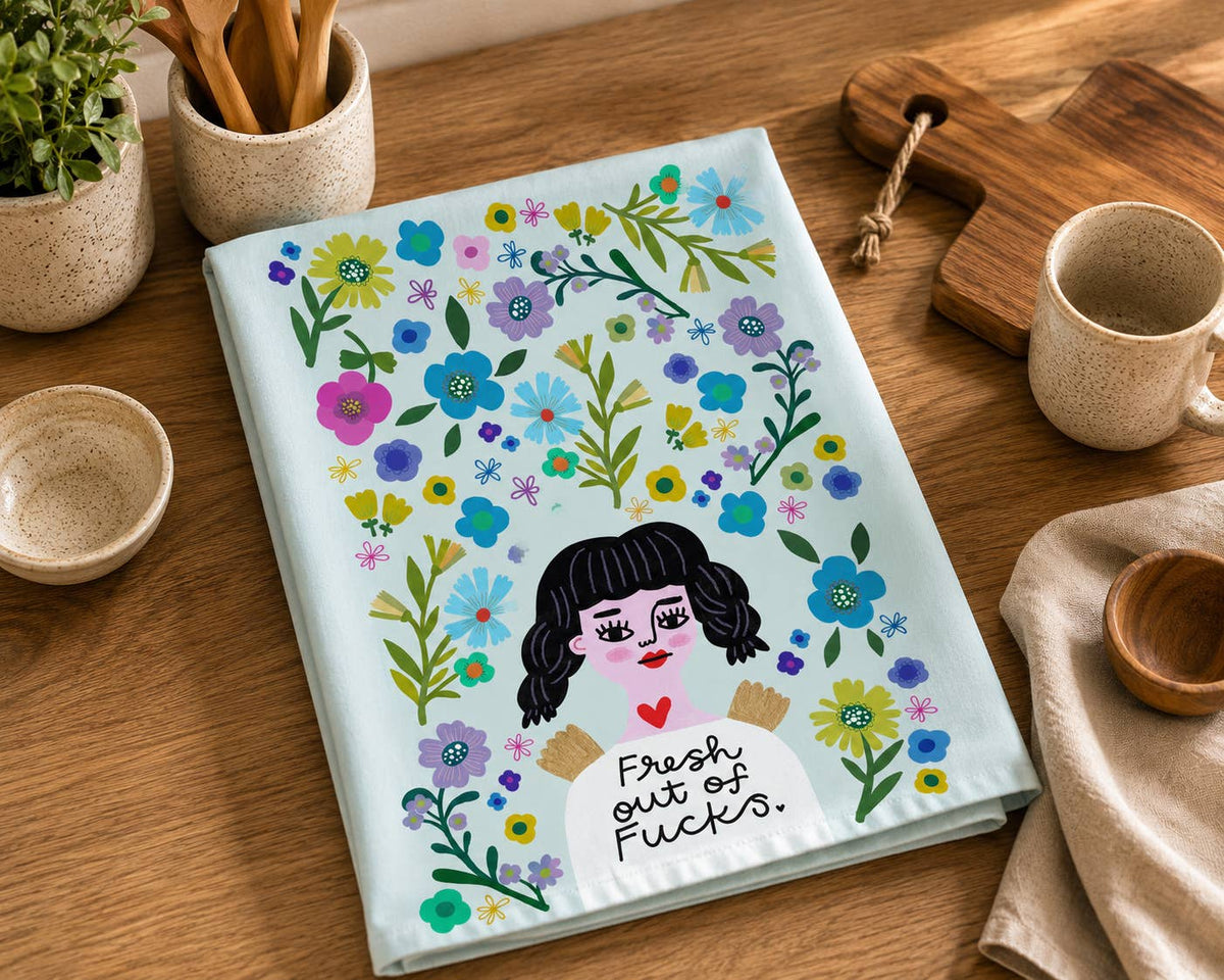Fresh Out of Fucks Grumpy Angel Dish Towel