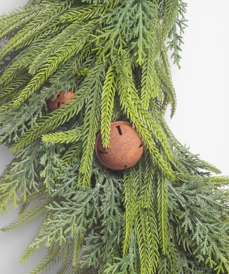 Mixed Pine Wreath Brown Velvet Bows and Bells