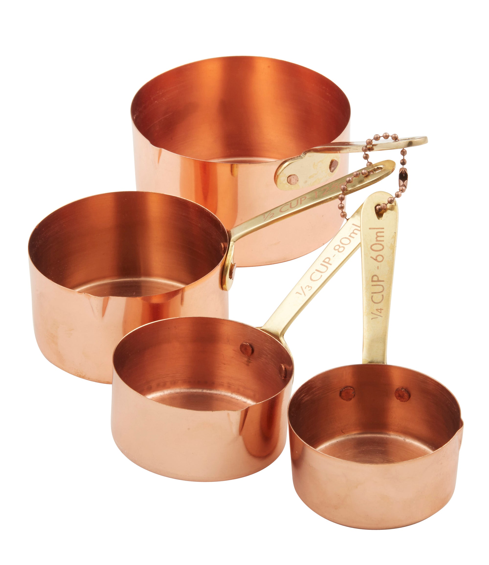 ACADEMY COPPER PLATED MEASURING CUPS W BRASS HANDLES 4PCE BRASS/COPPER
