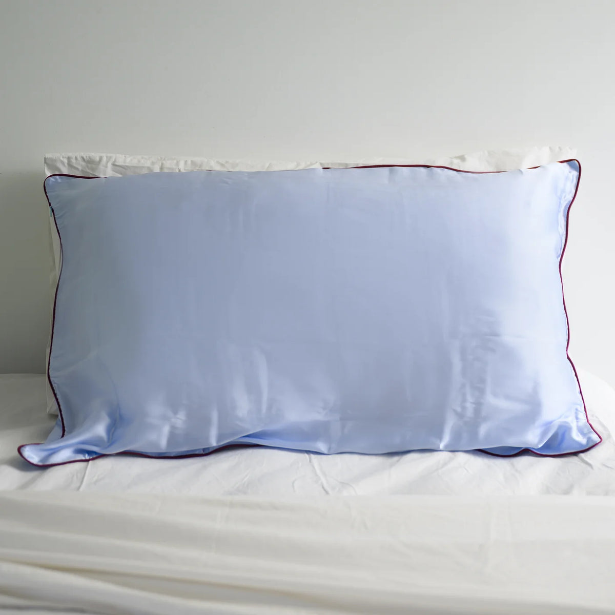 Silk Pillowcase Sky Blue w Cocoa Piping