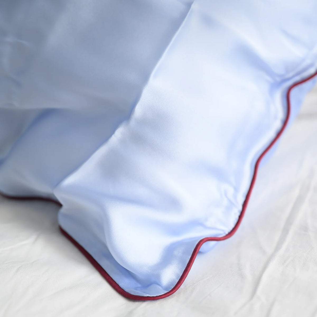 Silk Pillowcase Sky Blue w Cocoa Piping