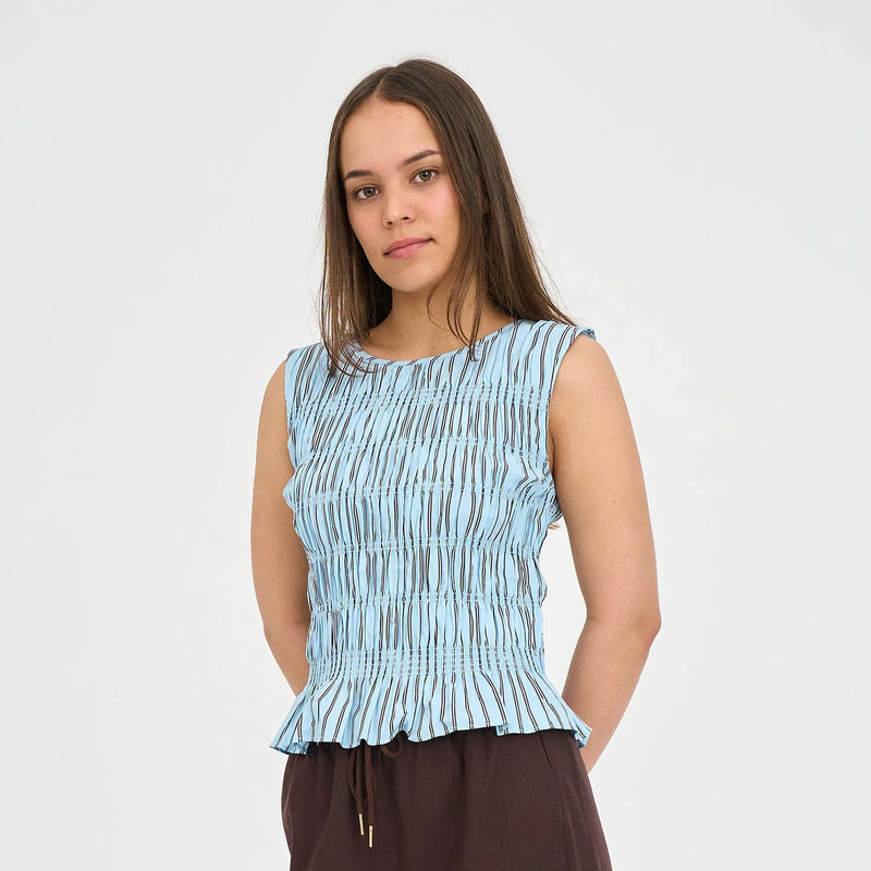 Stripe Bridget Shirred Top - Bay Blue