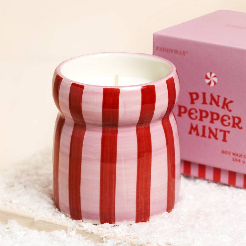Festive Cabana Red/Pink Striped Ceramic Candle - Pink Peppermint 184g
