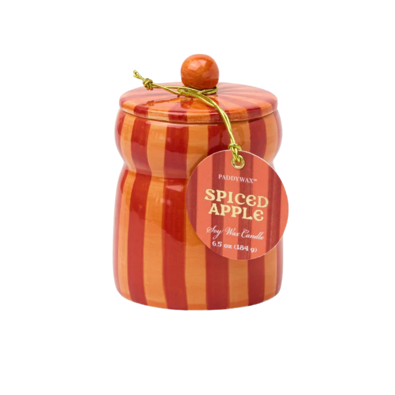 Festive Cabana Red/Coral Striped Ceramic Candle - Spiced Apple 184g